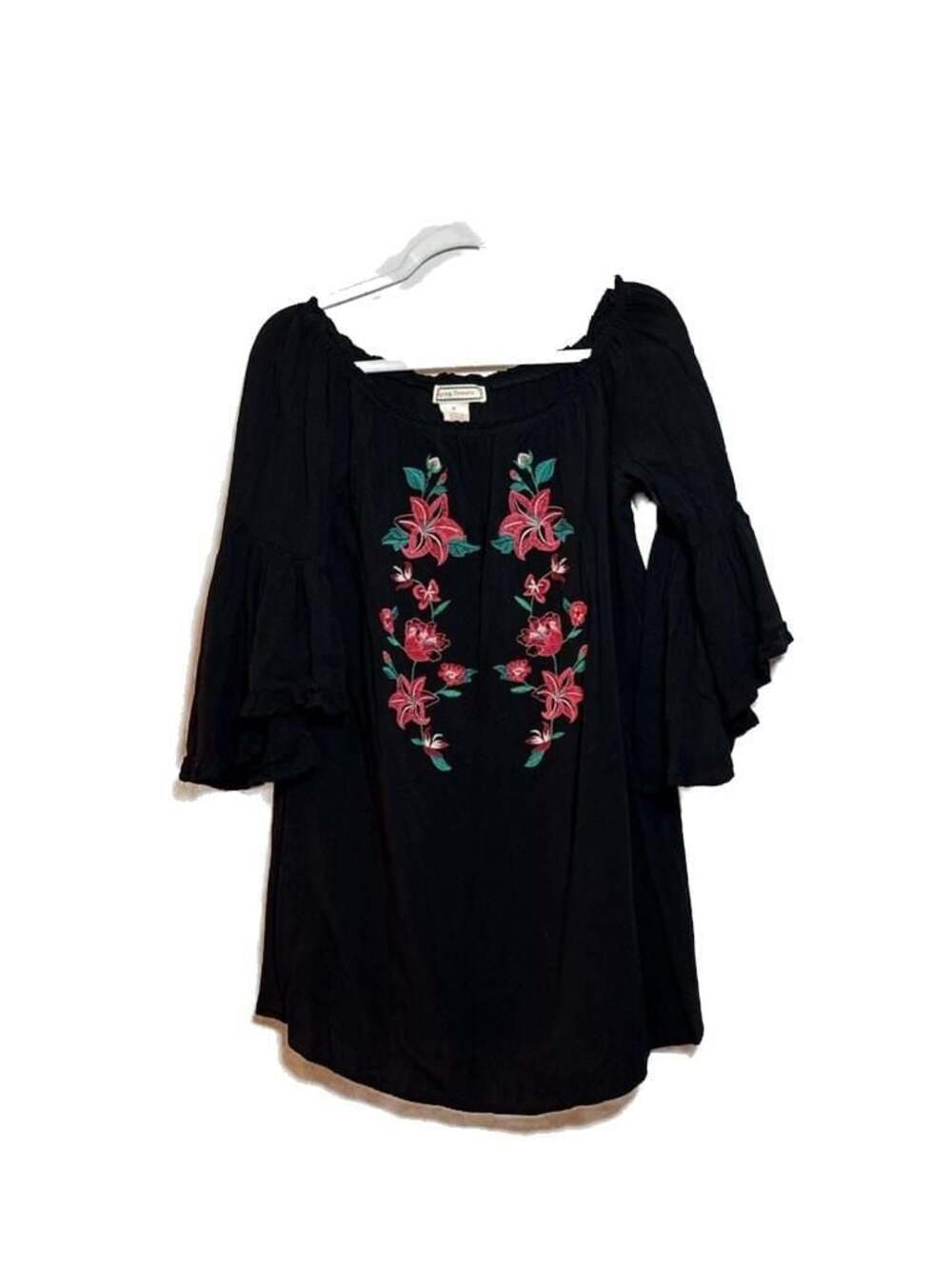 M Flying Tomato Black Floral Embroidered Off-Shoulder Bell Sleeve Tunic/Dress